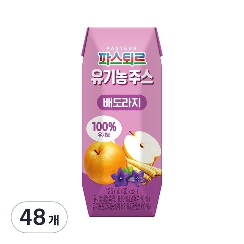 파스퇴르 유기농주스, 혼합맛(배/도라지), 125ml, 48개