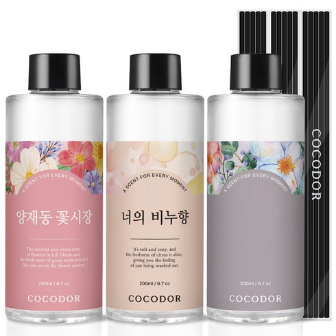 디퓨저리필 - 코코도르 리필액 + 리드스틱 5p, 베스트향4호(양재동꽃시장+너의비누향+퍼퓸시리즈 랜덤발송), 200ml, 3개