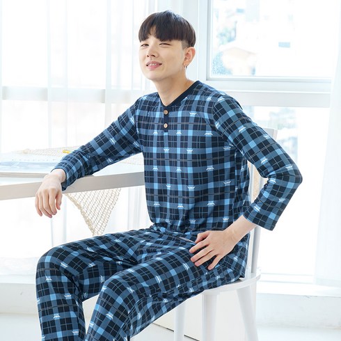 민트코코아 남성용 피치기모 스테이체크 잠옷 상하의 세트
