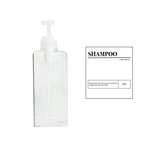 뉴앤룩 사각 디스펜서 샴푸 소분 용기 일반형 투명 650ml + 삼푸 스티커 세트, 1세트
