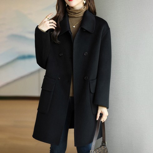 2023년 가성비 최고 검정코트 - 포플러앤씨 여성용 바콘 모직 더블 코트