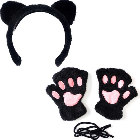 파티쇼 밍크 고양이 머리띠 + 밍크 고양이 장갑 양손 세트, 블랙(장갑), 블랙(머리띠), 1세트