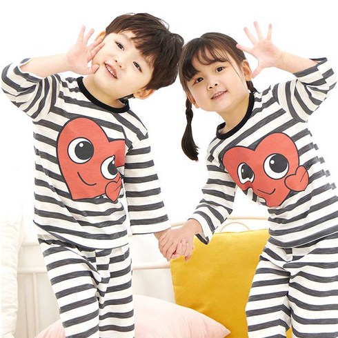 유아내복 - 올로미미 아동용 하트블랙 7부 슬라브 실내복 상하의 세트