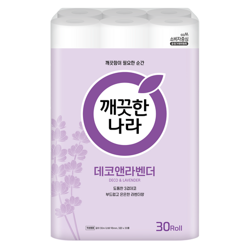 깨끗한나라 3겹 데코앤라벤더 롤화장지, 30m, 30롤, 1개