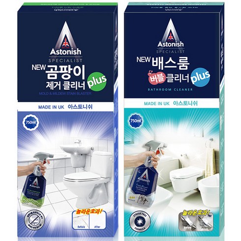 아스토니쉬 NEW 곰팡이 제거 클리너 plus 750ml + NEW 배스룸 버블 클리너 plus 750ml 세트, 1세트