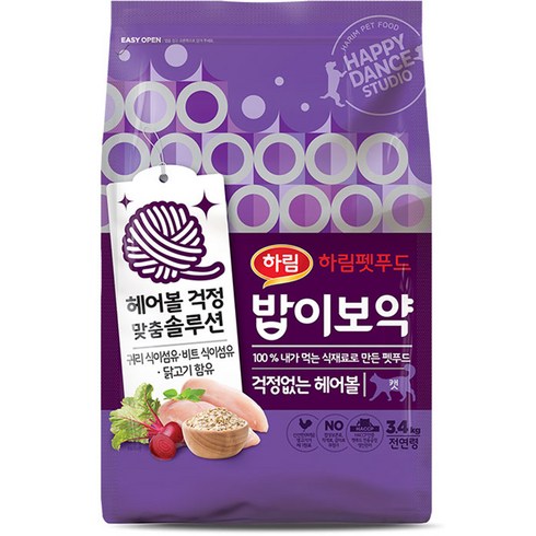 고양이사료 - 밥이보약 전연령 걱정없는 헤어볼 고양이 건식사료, 헤어볼 예방, 3.4kg, 1개