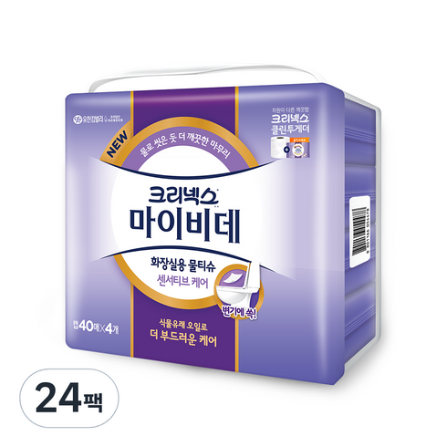 크리넥스 마이비데 센서티브케어 화장실용 물티슈 캡형, 40매, 24팩