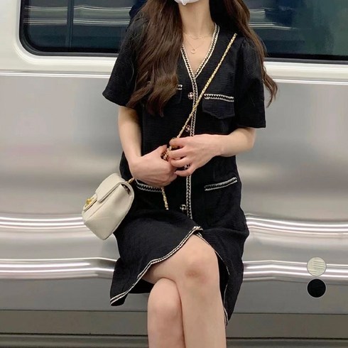 임산부정장원피스 - 메이첼 고급스러운 버튼 블록 반소매 미니 원피스 00629