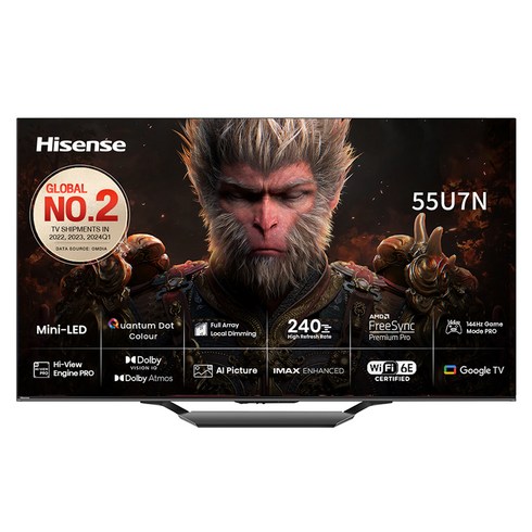 구글티비 - 하이센스 4K UHD LED 안드로이드12 Mini 스마트TV, 55U7N, 방문설치, 스탠드형, 139cm(55인치)