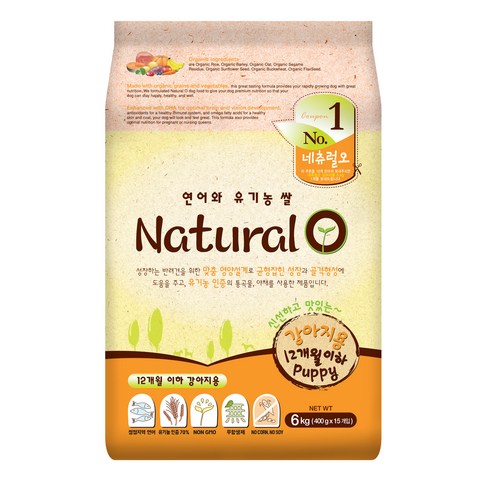 네츄럴오 퍼피 연어와 유기농 쌀 건식사료, 곡물, 6kg, 1개