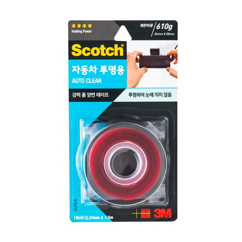 3M 스카치 자동차용 투명 폼 양면 테이프 24mm x 1.5m, 1개