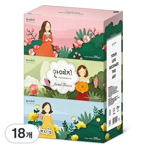 한예지 캐릭터 미용티슈 천연펄프 2겹, 200매, 18개