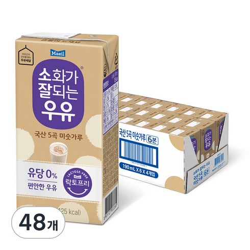 매일유업 소화가 잘되는 우유 5곡 미숫가루, 190ml, 48개