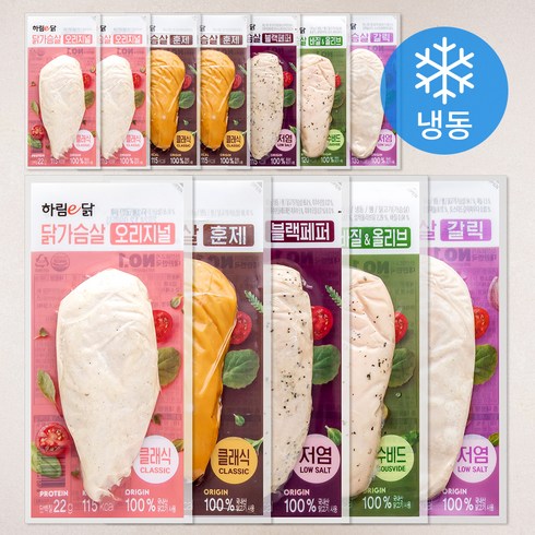 닭가슴살 - 하림 이닭 닭가슴살 오리지널 100g x 3p + 훈제 100g x 3p + 갈릭 100g x 2p + 블랙페퍼 100g x 2p + 바질올리브 115g x 2p (냉동), 1세트