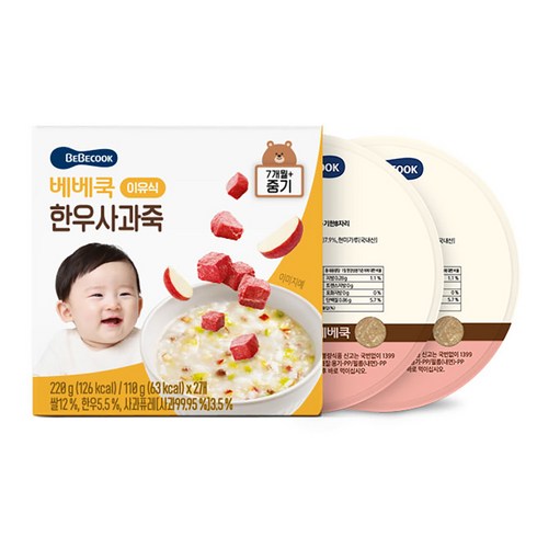 베베쿡실온이유식 - 베베쿡 중기 한우사과죽 실온이유식 2p, 혼합맛(한우/사과), 220g, 1개