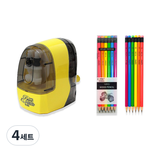 티티 프라임 샤파 연필깎이 KI-1200 + 투코비 코마 삼각 지우개 연필 TC-208 6종 x 2p 세트, 옐로우(연필깎이), 4세트