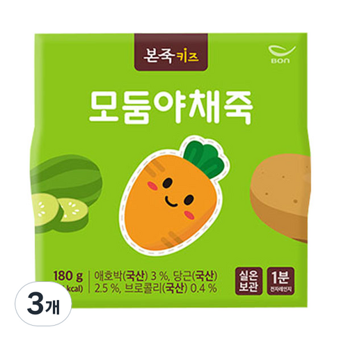 본죽 키즈 모둠 야채죽 180g, 혼합맛(애호박/당근/브로콜리), 3개