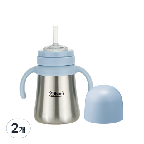 스텐빨대컵 - 에디슨 스테인리스 보온 보냉 빨대컵 200ml, 블루, 2개