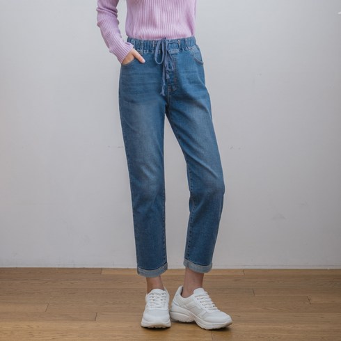 여성용 스트링 허리밴딩 밑단 폴드 배기핏 데님 CC2W40