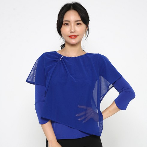 댄스도매몰 언발란스 망사 티셔츠 LDT25500, 파랑