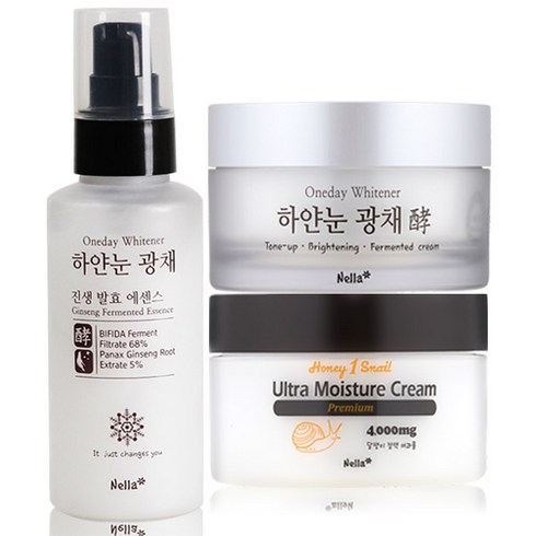 넬라 하얀눈 광채 에센스 100ml +톤업 발효 크림 50ml + 프리미엄 달팽이 크림 80ml 세트, 1세트