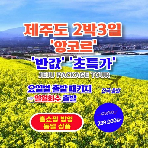 [제주도] 【일/월/화/수 출발】【홈쇼핑 동일 상품】제주도 2박3일 실속패키지【가성비/반값 초특가】