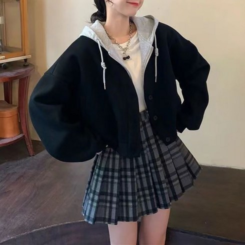 여성 숏 크롭 레이어드 후드 집업 가디건 자켓