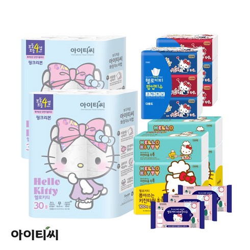 헬로키티 핑크리본 세트 60롤 + 팝업티슈 골드 6개 + 뽑아쓰는 키친타월 6개 + 비데물티슈 휴대용 3팩, 단일속성