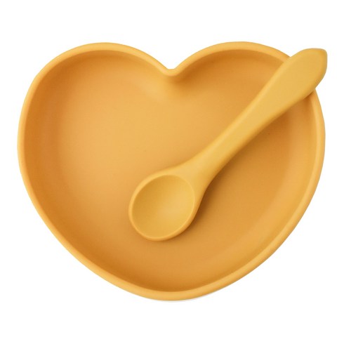 [움바움바] 아기 유아 실리콘 하트 흡착식판 접시 그릇 식기, 머스타드 옐로우, 1세트