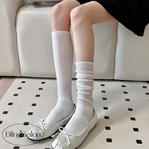 블링살롱 미우 여성용 무지 쿨 메쉬 시스루 셔링 베이직 니삭스 양말 6컬러 주름 롱 레그워머 골프 발레코어 반양말