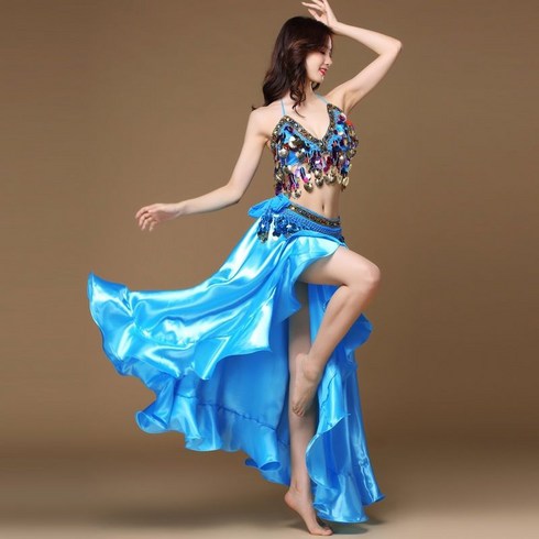 벨리댄스복세트 - FANSYLI 여성 벨리댄스 의상 세트 연습복 공연복 인도 댄스 섹시 댄스 브라 수술 스커트 세트 W7J06, 푸른색