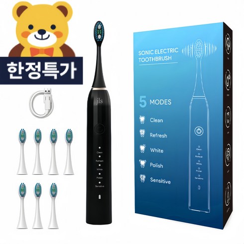 JLS 음파 전동 칫솔 + 칫솔모8, 블랙, 1개, M1