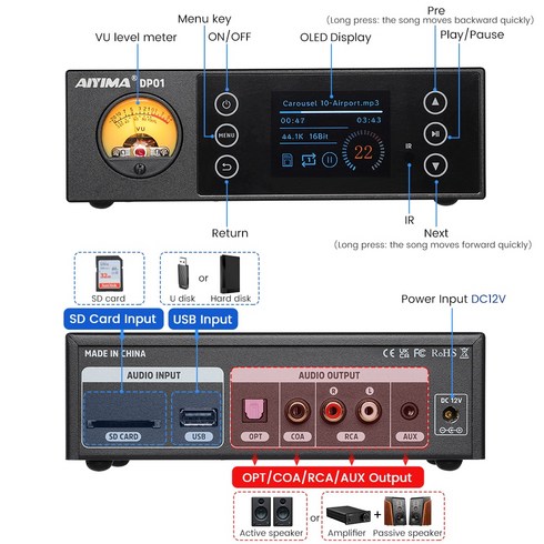 영사기필림변환 비디오테이프변환 USB변환 비디오변환 복원 테이프 디지털 AIYIMA 오디오 DP01 USB 프리앰프 OLED 디스플레이 고해상도 플레이어 SD OPT COA RCA, [01] No power supply