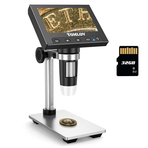 digitalmicroscope - Microscope 광학 동전 디지털 현미경 1000배율 4.3inch 인치 LCD 및 금속 스탠드 8개의 LED 동전/식물/바위/PCB 관찰용 사진/비디오 캡처 SD 카드 포함, 1pcs, 1000X