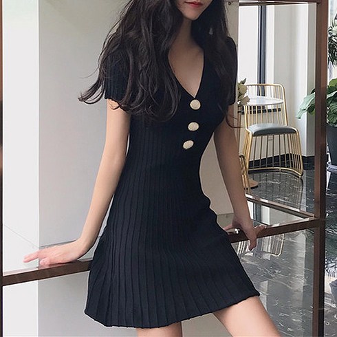 대박난박양 골지 버튼 반팔 원피스