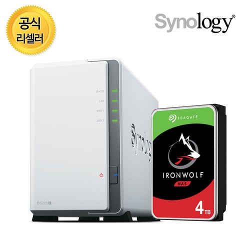 시놀로지 나스 서버 DS223j 2베이 NAS 씨게이트 아이언울프 합본 패키지, DS223j + 4TB