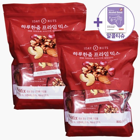 하루한줌 프라임 믹스 20G X 40봉 X 2 (호두30%+볶음아몬드25%+컨크랜베리25%+볶음캐슈넛20%) + 더메이런알콜티슈, 2개, 800g