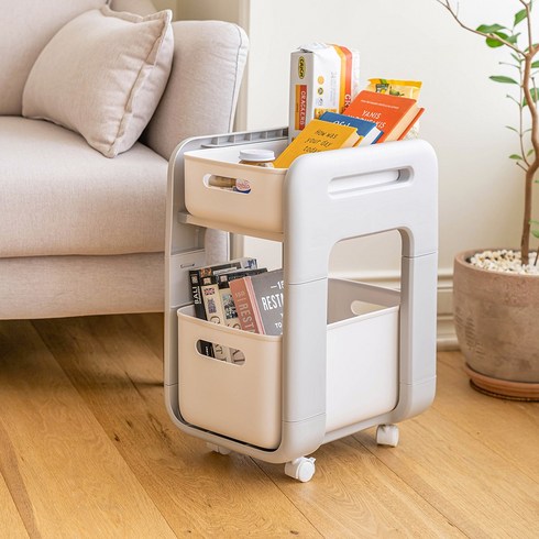 북카트 이동식 책장 책꽂이 북트롤리, 화이트&그레이, 2단