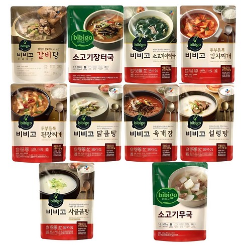 비비고 - 비비고 즉석국 탕 찌개 10종(갈비탕 + 소고기미역국 + 소고기무국 + 소고기장터국 + 콩나물황태국 + 육개장 + 사골곰탕 + 설렁탕 + 닭곰탕 + 된장찌개), 1세트, 500g