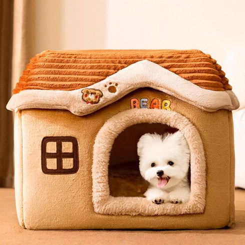 코팅블루 부드러운 논슬립 극세사 강아지집+쿠션 세트, 브라운