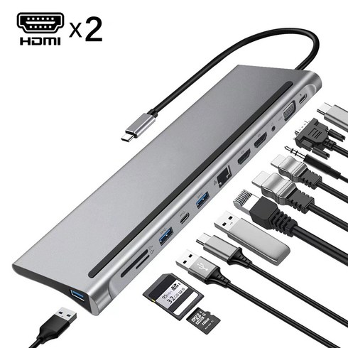 12 in-1 USB C 허브 듀얼 HDMI 4K 유형 C 도킹 스테이션 RJ45 PD 100W 어댑터 VGA 100Mbps 기가비트 이더넷 USB 3.0 허브, 12 in 1