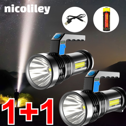 작업등 - nicoliley 초강력 LED 후레쉬 충전식 서치라이트 미니 고휘도 손전등 후레쉬 1+1, 블랙*1+1, USB