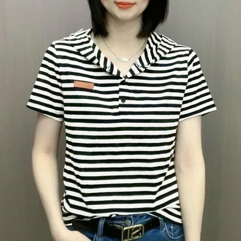 여성 봄여름 스트라이프 반팔 후드 티셔츠