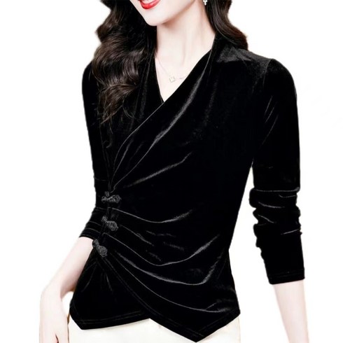 2023년 가성비 최고 벨벳블라우스 - urkoteer 골드벨벳긴팔상의 여성 크로스브이넥티셔츠 봄가을 골드블라우스 Cc-2125