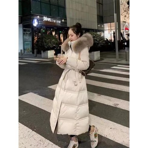 트렌치패딩 여성 사가 퍼 구스 다운 거위털 후드 벨트 슬림 롱 트렌치 패딩 코트