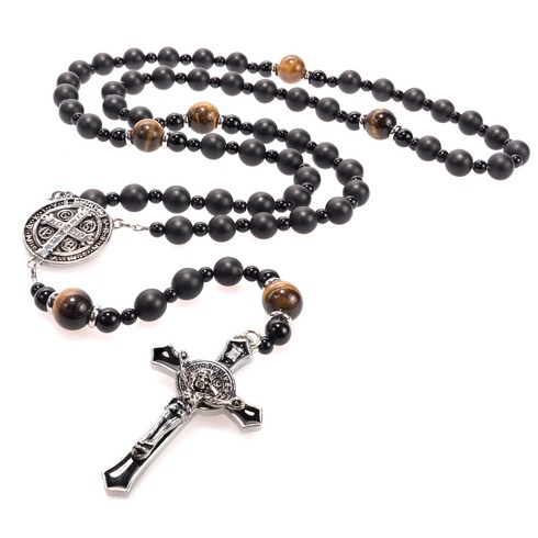 Black Rosary Beads Catholic for Men - Rugged Onyx Rosary - Handcrafted Stone Rosary with Stainless Steel St Benedict Crucifix and Medal