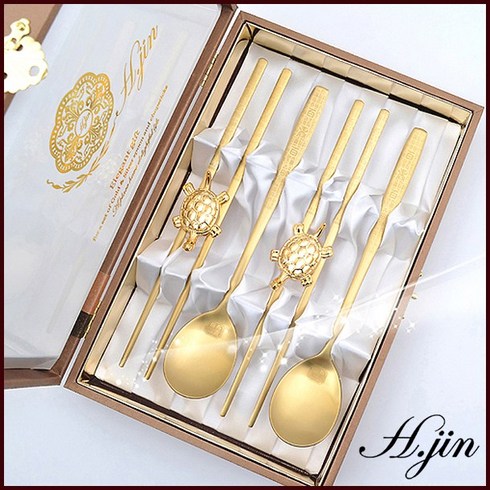 H.jin 백수백복 골드티타늄 수저세트 (고급 숟가락 젓가락 부부수저) 30대 40대 50대 60대 70대 남자 여자 아빠 엄마 생신 생일선물 추천, A 스타일