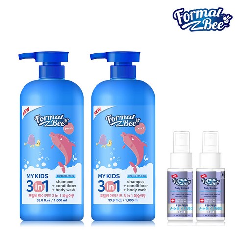 포멀비 키즈 3in1 유아 올인원 샴푸+컨디셔너+바디워시 대용량 복숭아향, 1L, 2개