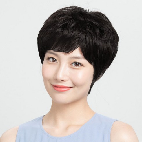 여성용 가발 프랜즈 숏것펌 인모 중년 전체가발 40대.50대.60대, 자연 블랙, 1개