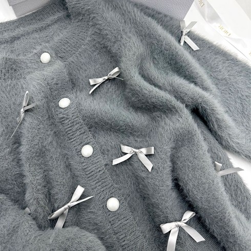 멜콩푸키 리본 포인트 앙고라 긴팔 니트 러블리 가디건